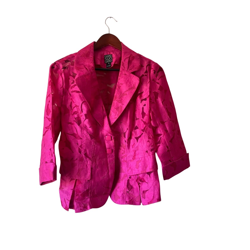 Y2k Pink Burnout Floral Blazer Jacket Fuchsia 3/4 Sleeve Size M